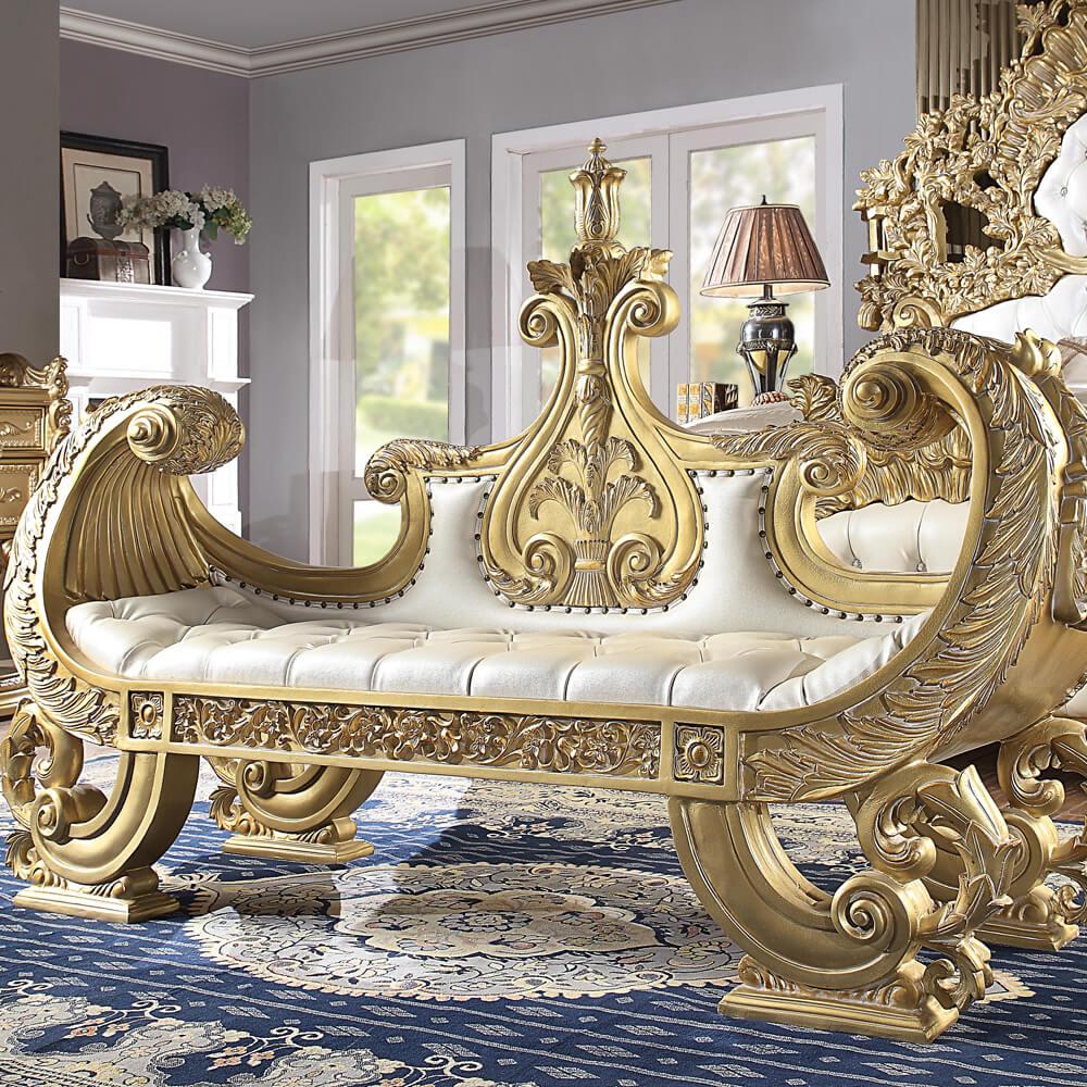 

    
Baroque Rich Gold Tufted Pearl Faux Leather Bench Homey Design HD-8086
