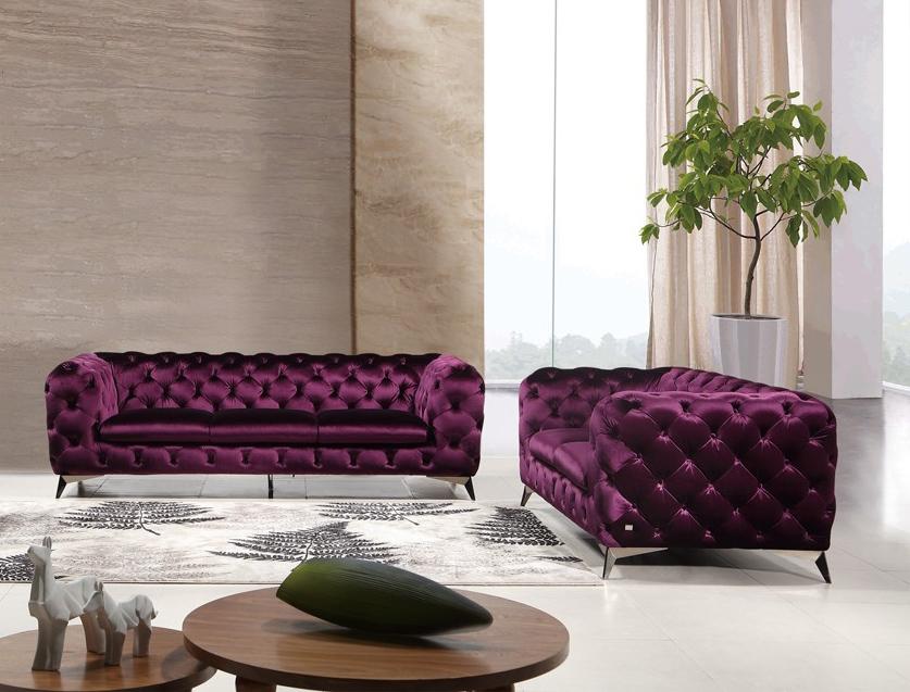 Contemporary, Modern Sofa and Loveseat Set Divani Casa Delilah VGCA1546-PUR-Set-2 in Purple Velour