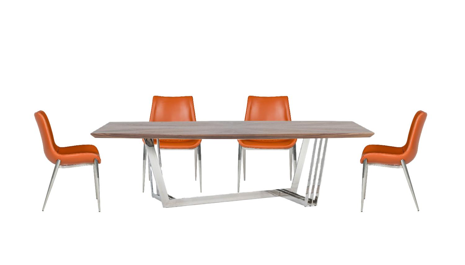 

    
Walnut & Stainless Steel Dining Table + 4 Chairs by VIG Modrest Gilroy

