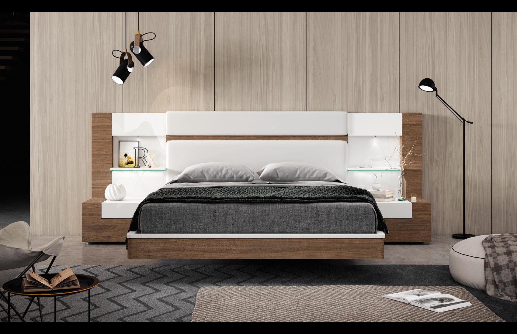 

    
Walnut Veneer & White Eco Leather King Bed w/2 Nightstands Made in Spain ESF Mar
