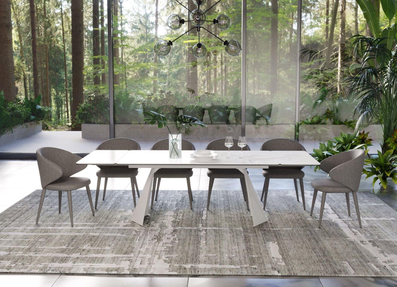 

    
White Ceramic Top Dining Table + 6 Grey Chairs by VIG Modrest Encanto
