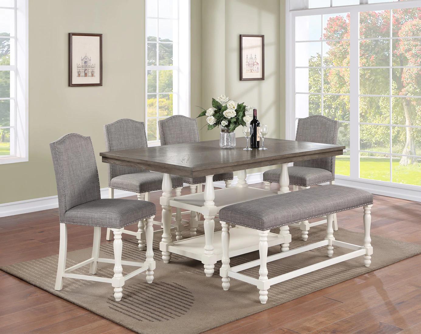 Traditional, Farmhouse Counter Height Set Langley 2766CG-T-4266-6pcs in White and Gray Linen