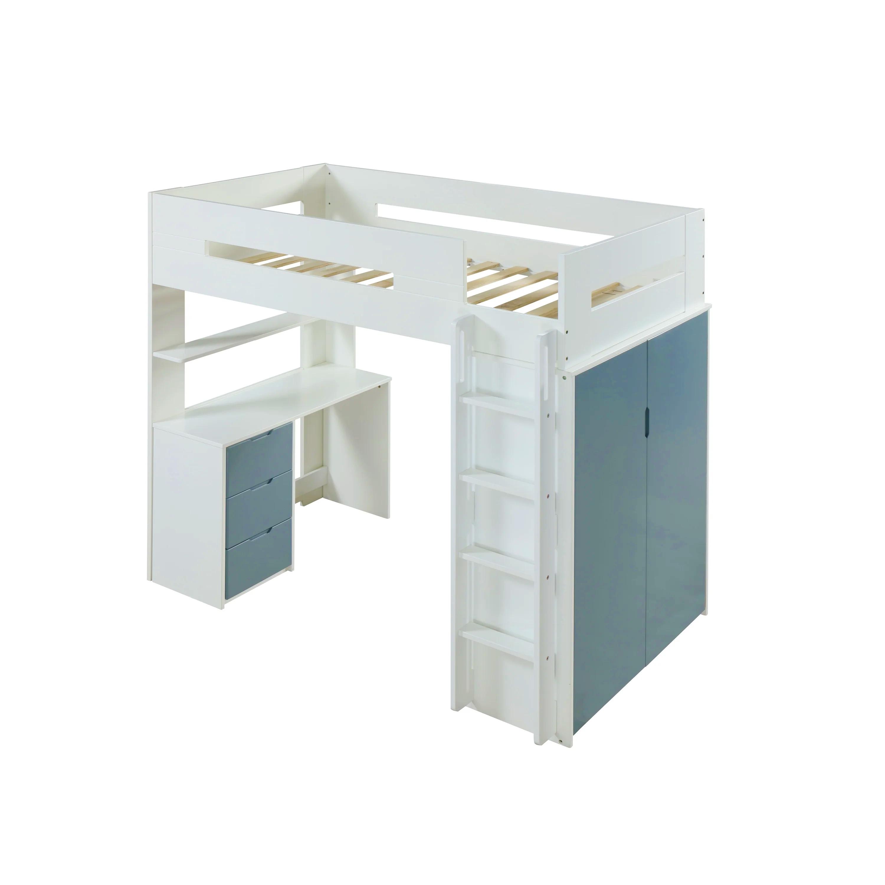 

    
White & Teal Twin Loft Bed w/ Desk & Wardrobe by Acme Nerice 38045
