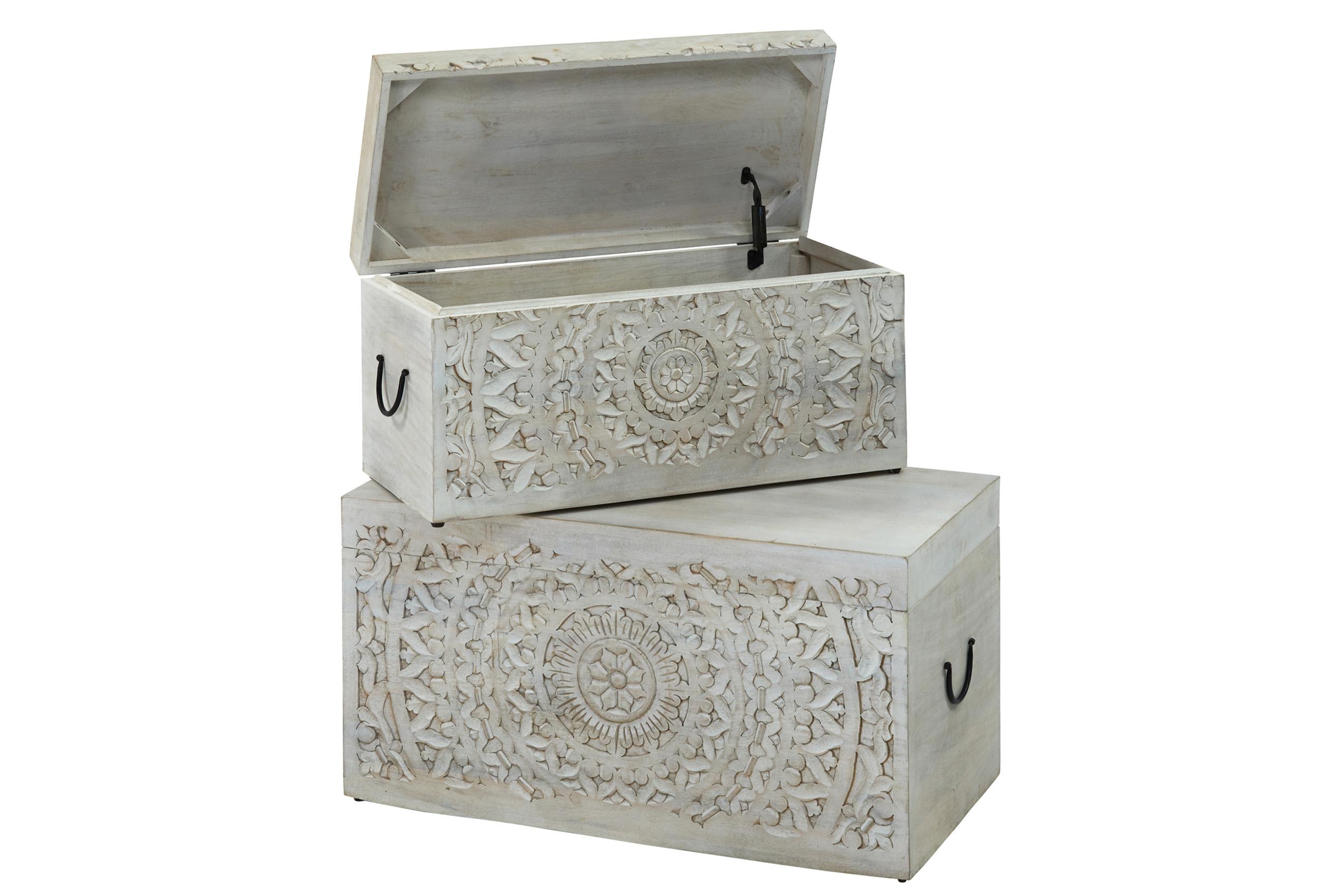 

    
White Wash Mango Wood Carved Lace Trunks Set 2P CCC-2791-SO JAIPUR HOME Rustic
