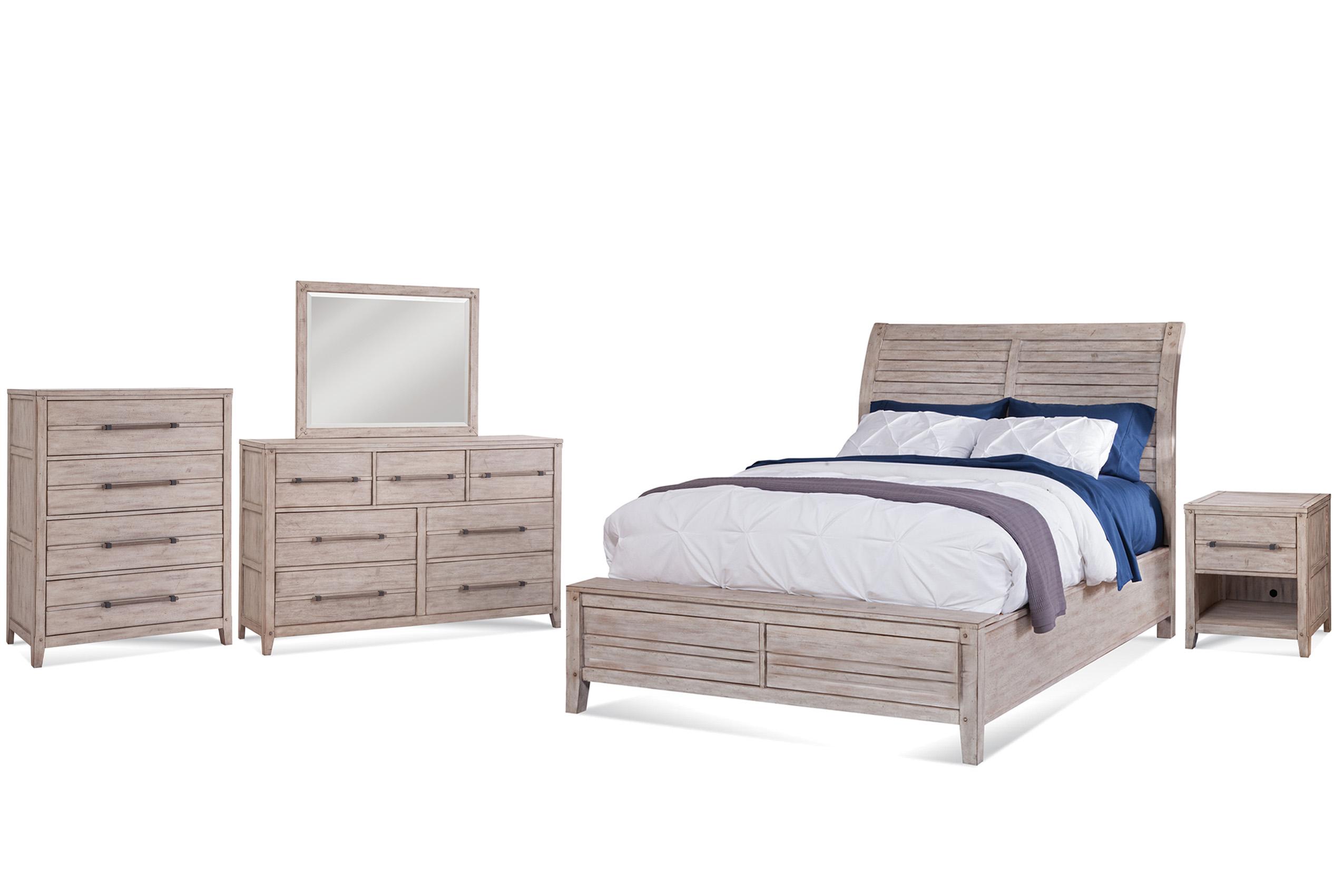 

    
Whitewash Queen Sleigh Bed Set 5Pcs AURORA 2810-QSLPN-5PC American Woodcrafters
