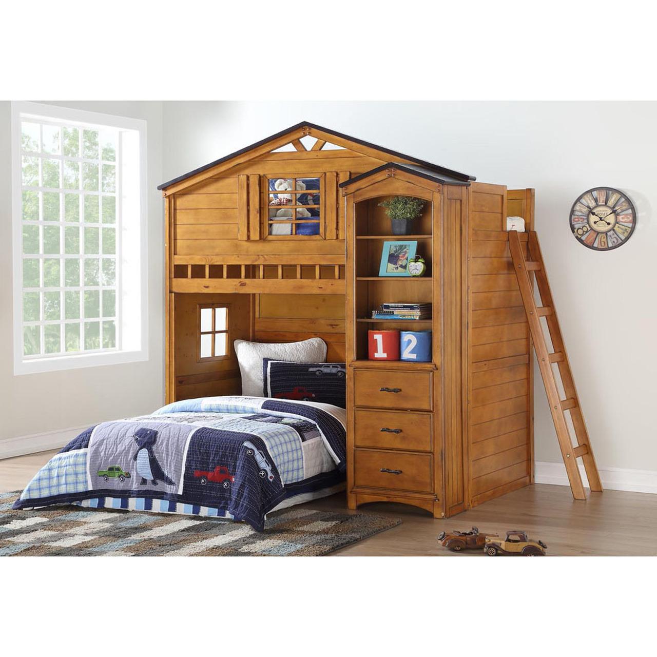 

    
Wood Rustic Oak Loft Bed + Bookshelf by Acme Tree House 10160-2pcs

