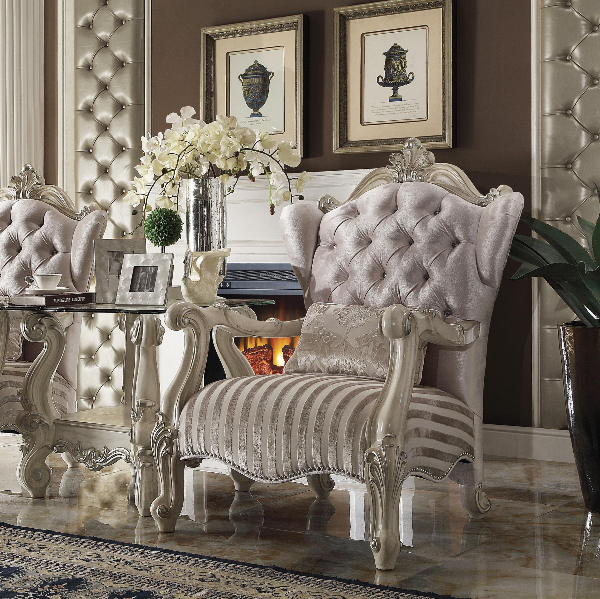 Traditional,  Vintage Accent Chair and End Table Set Versailles  52087 82104 52087-2PC in Bone, Ivory Fabric
