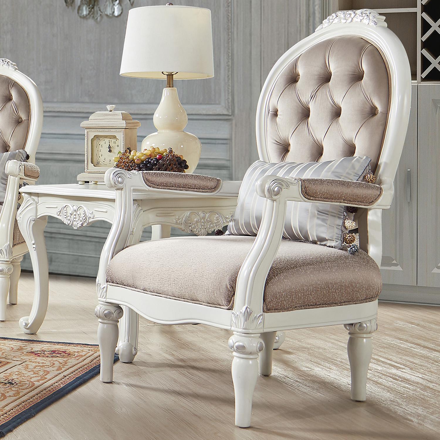 

    
Beige Fabric & Ivory Finish Armchair Set 3Pcs w/ End Table Traditional Homey Design HD-2672
