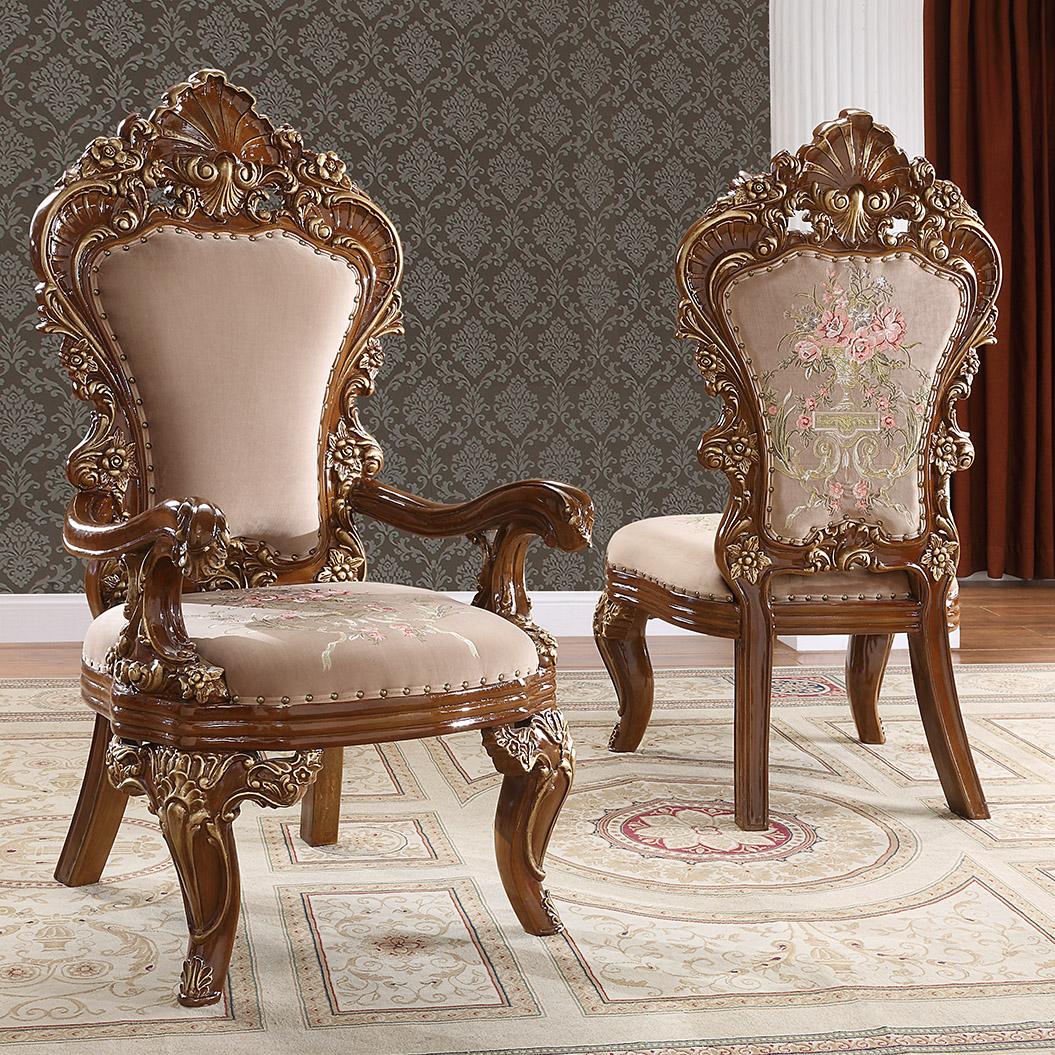 

    
Burl & Metallic Antique Gold Arm Chairs Set 2Pcs Traditional Homey Design HD-1803
