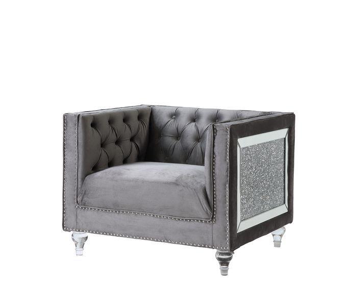 

                    
Acme Furniture HeiberoII Sofa Loveseat and Chair Set Gray Velvet Purchase 
