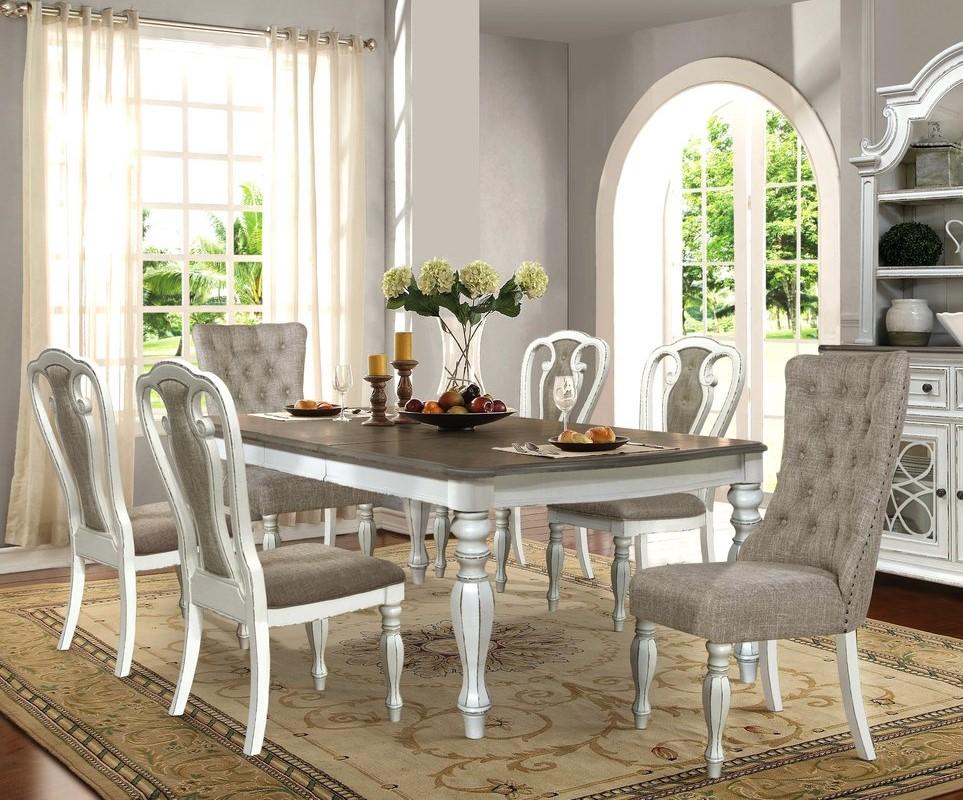 Cottage Dining Table Set D738 D738-7PC in White, Gray Fabric