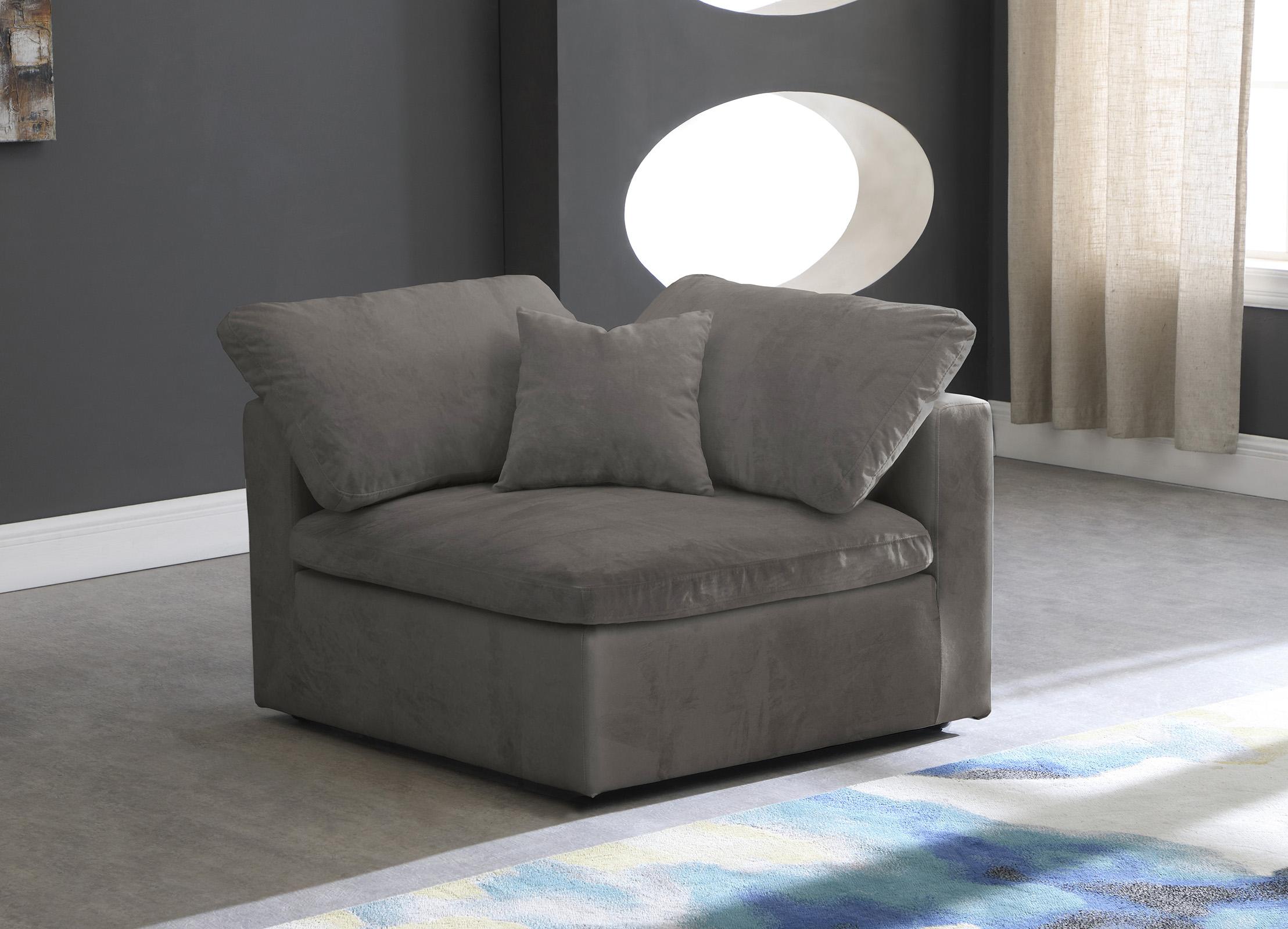 

    
Cozy Grey Velvet Modular Fiber Filled Comfort Overstuffed Corner Chair Meridian
