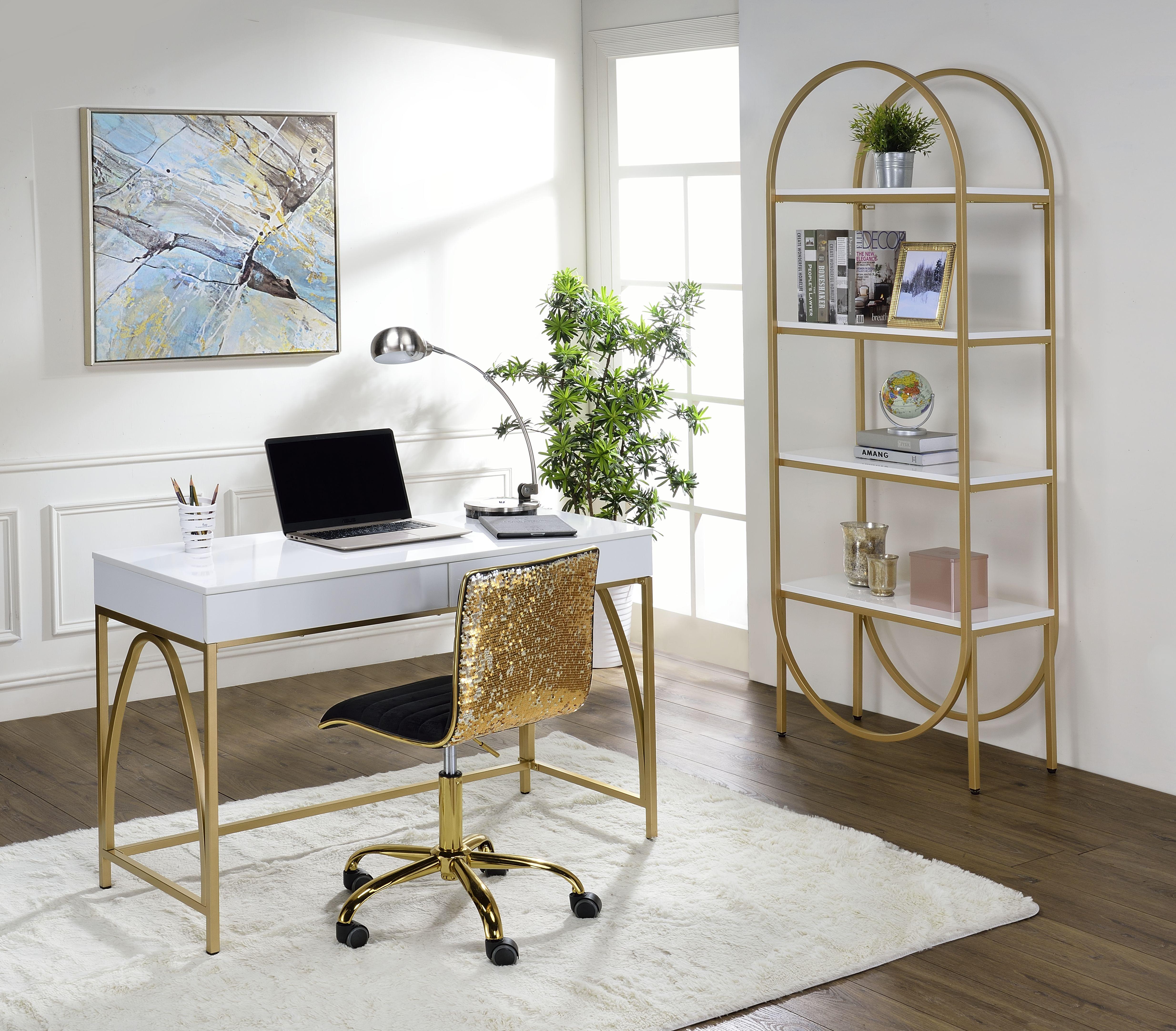 

    
Home Office Set White & Gold Writing Desk + Bookshelf by Acme Lightmane 92660-2pcs
