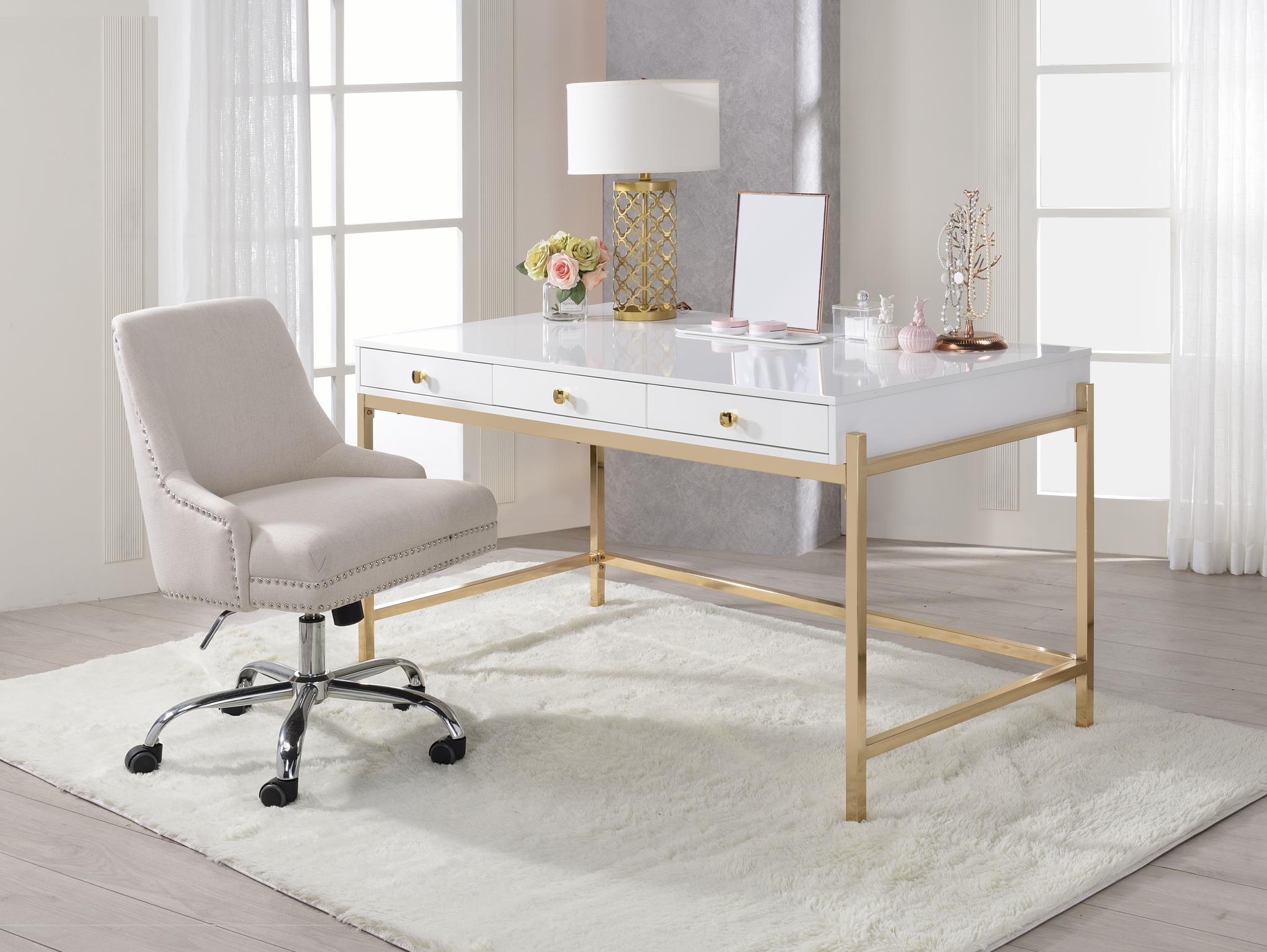 

    
Contemporary White High Gloss & Gold Desk by Acme 92695 Ottey
