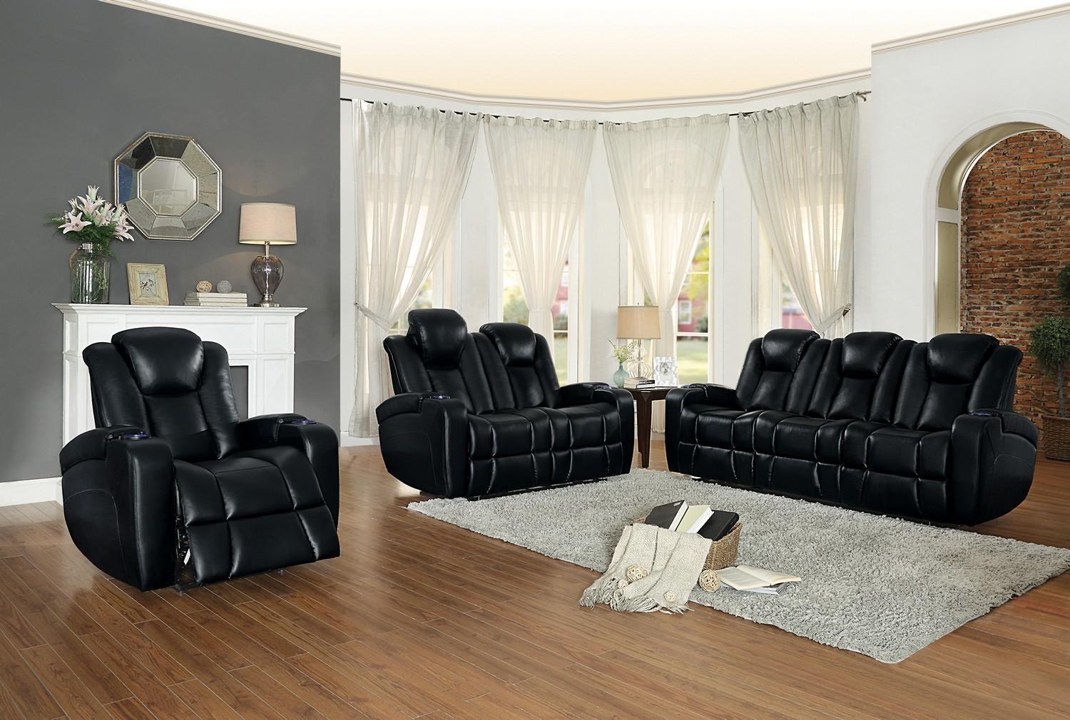 Contemporary Recliner Sofa Set Madoc 8444BLK-3PW-Sofa Set-3 in Black leather gel