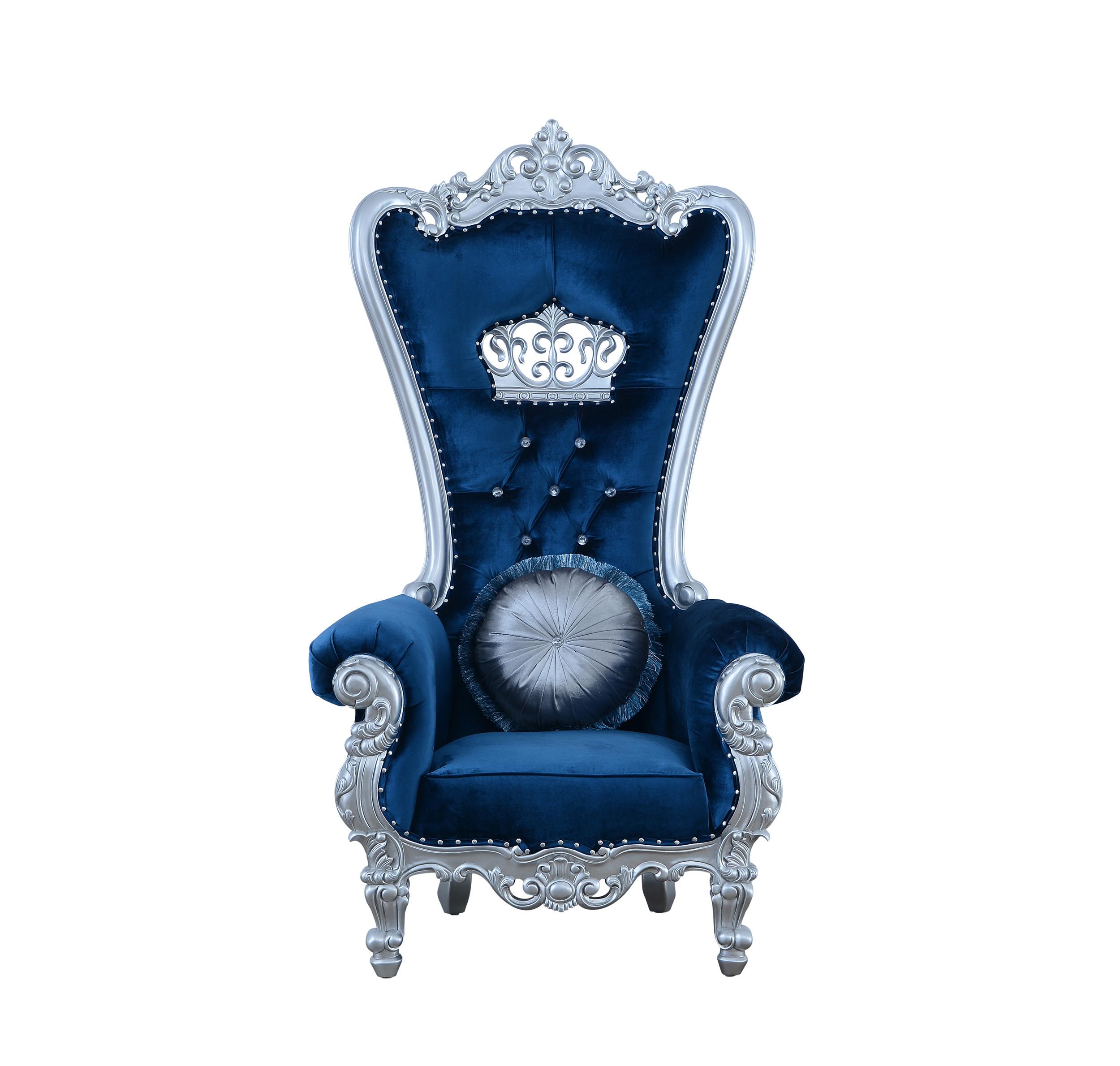 

    
EUROPEAN FURNITURE QUEEN ELIZABETH Arm Chair Set Silver/Blue 35096-Set-2
