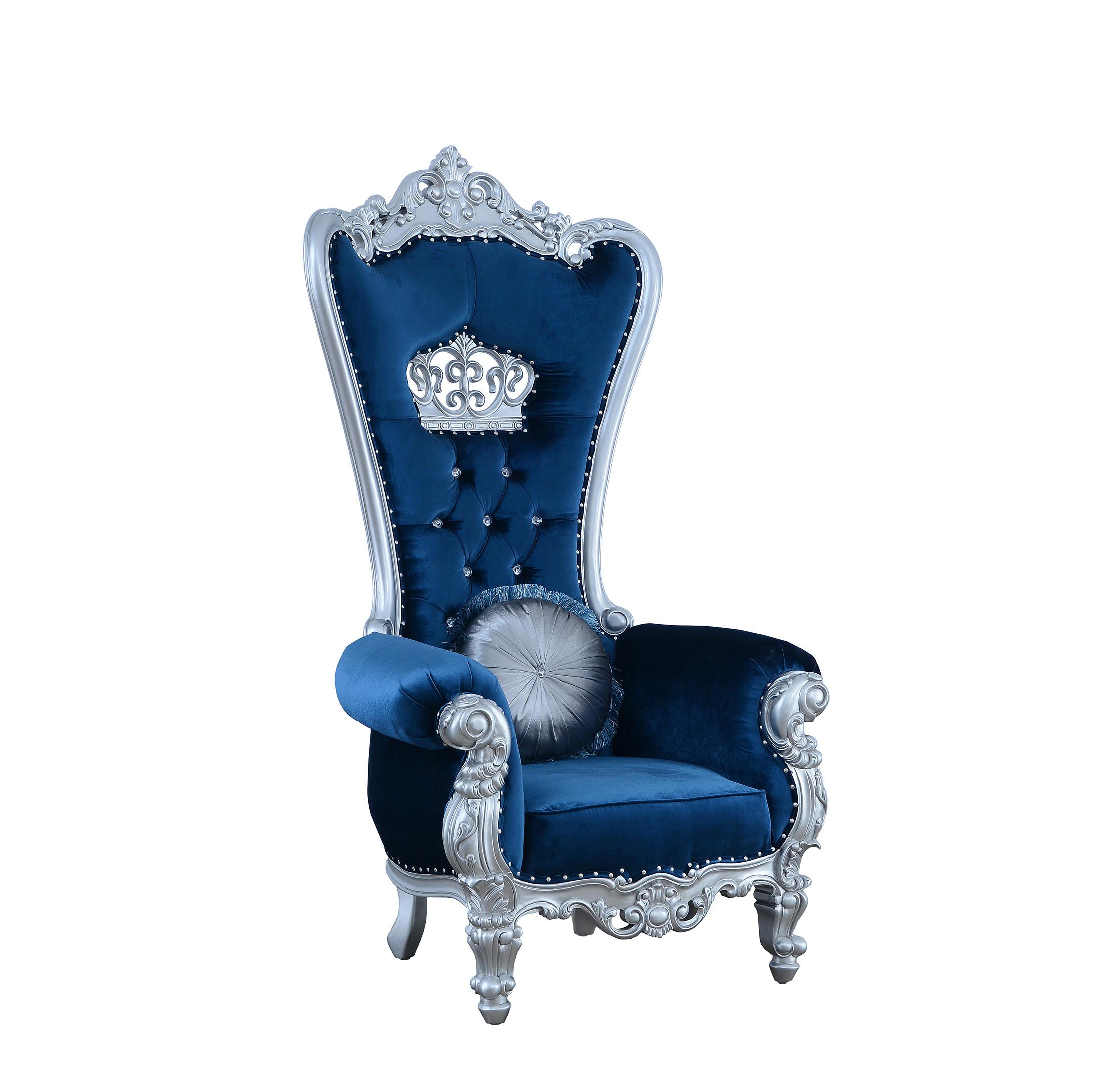 Classic, Traditional Arm Chair QUEEN ELIZABETH 35096 in Silver, Blue Fabric