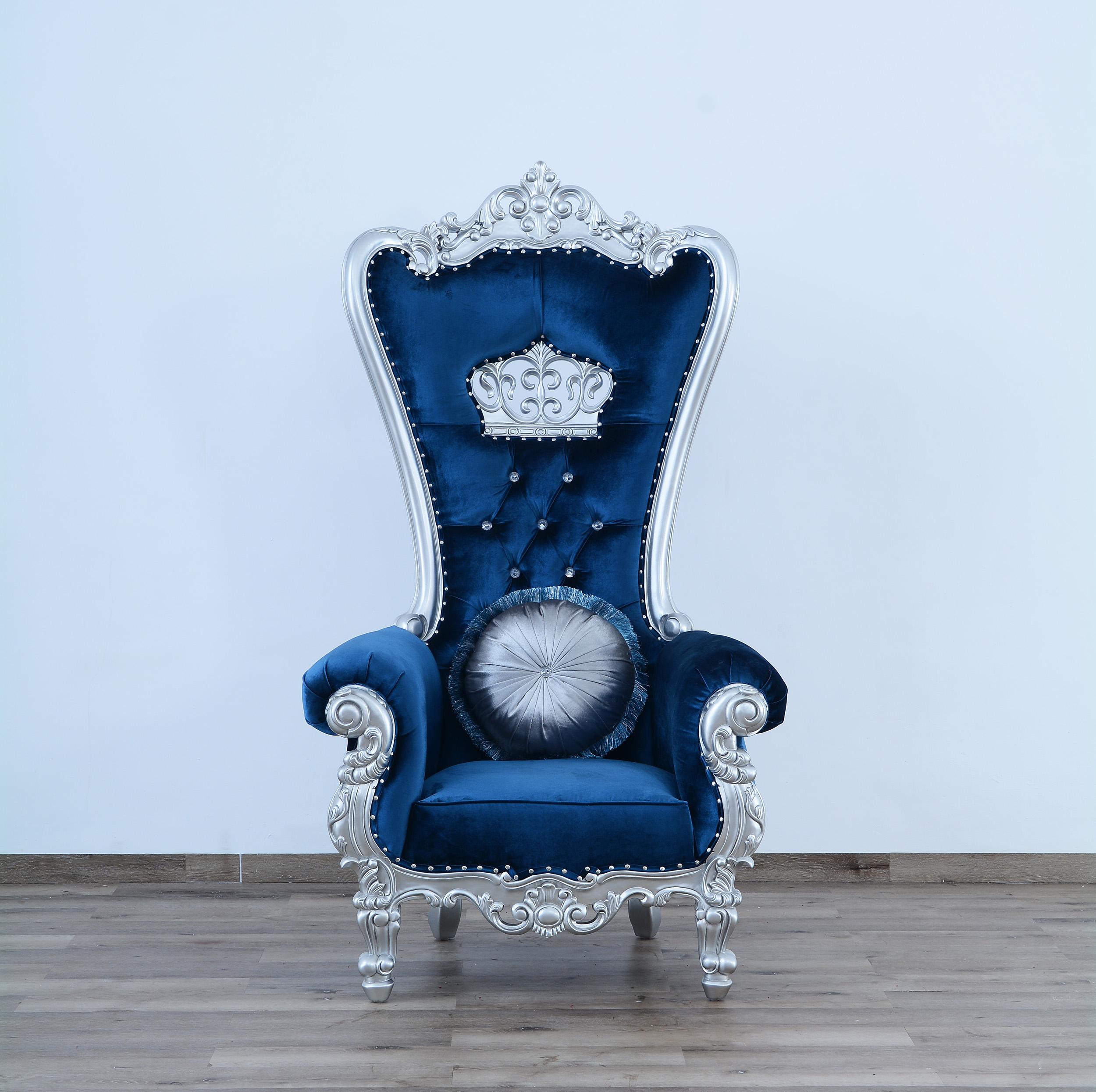 

        
663701292398Luxury Blue Velvet & Silver High Back Chair QUEEN ELIZABETH EUROPEAN FURNITURE
