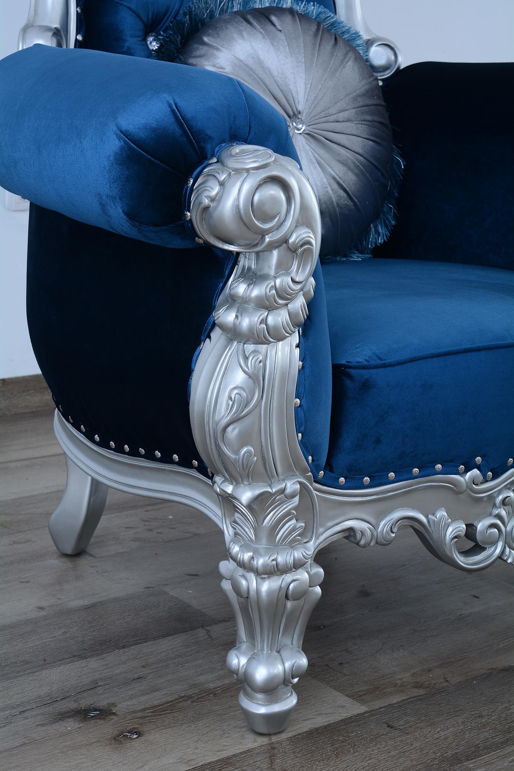 

        
EUROPEAN FURNITURE QUEEN ELIZABETH Arm Chair Silver/Blue Fabric 663701292398
