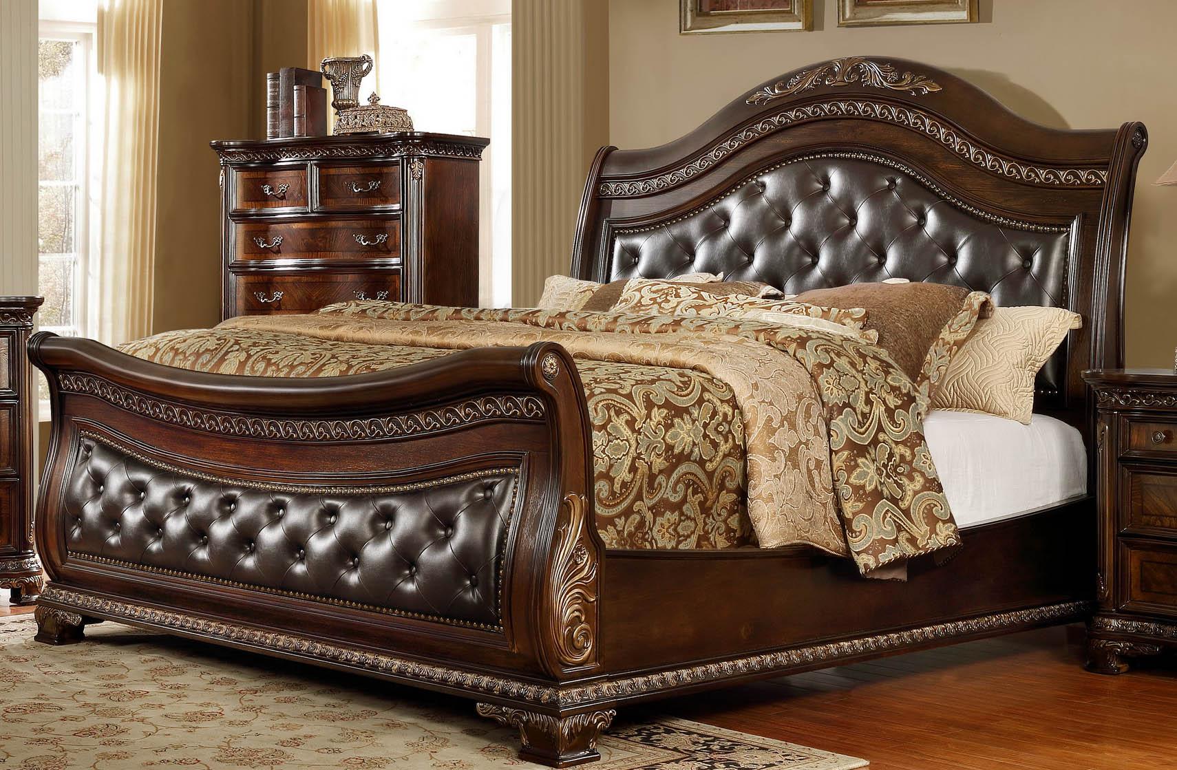 

    
Dark Cherry Finish Leather Upholstery Sleigh Queen Bed Traditional McFerran B9588

