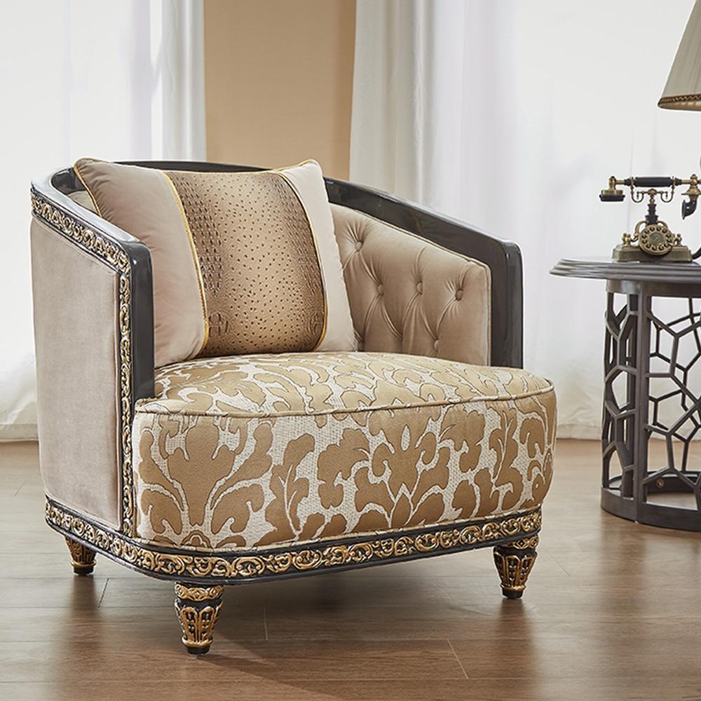 

    
Antique Gold Finish Floral Pattern Armchair Traditional Homey Design HD-C9011
