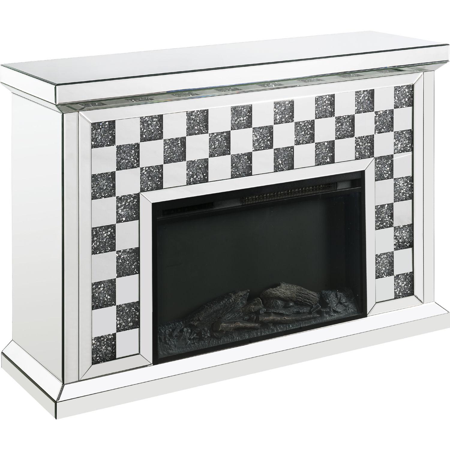 

    
Modern Mirrored & Faux Diamonds Fireplace  by Acme Noralie 90872
