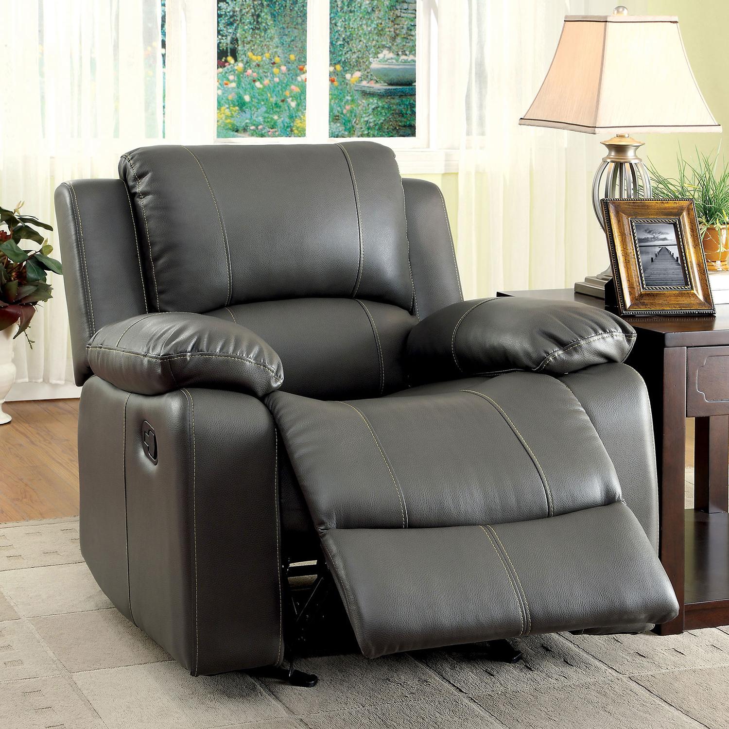 

    
Transitional Gray Bonded Leather Recliner Furniture of America CM6326-CH Sarles
