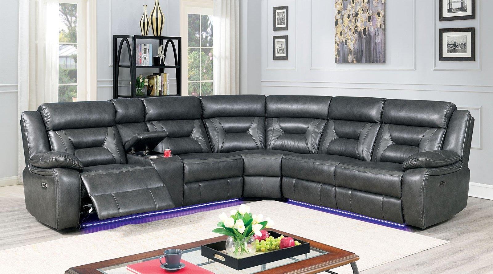 

    
Transitional Gray Breathable Leatherette Recliner Sectional Furniture of America CM6642GY Omeet
