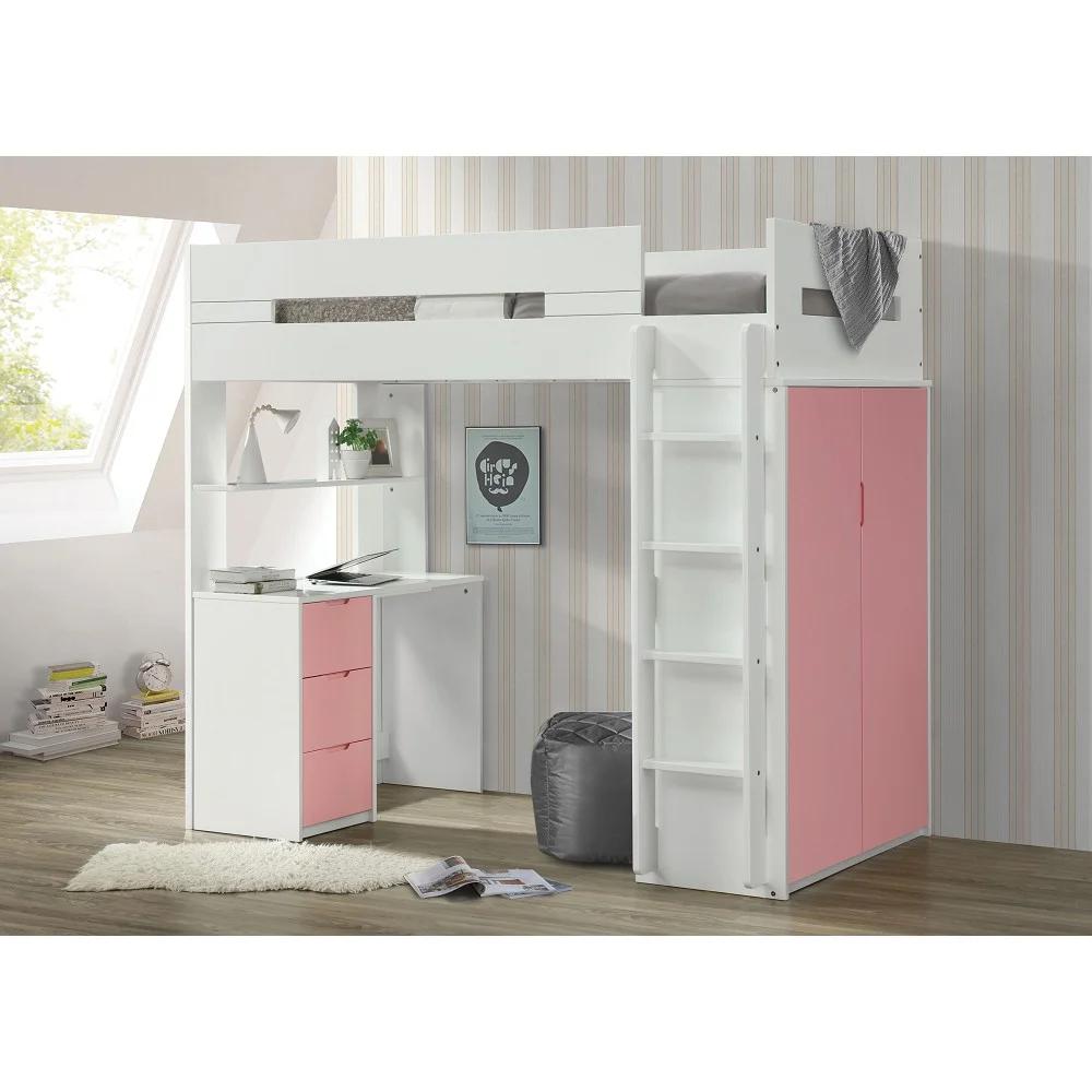 

    
White & Pink Twin Loft Bed w/ Desk & Wardrobe by Acme Nerice 38040
